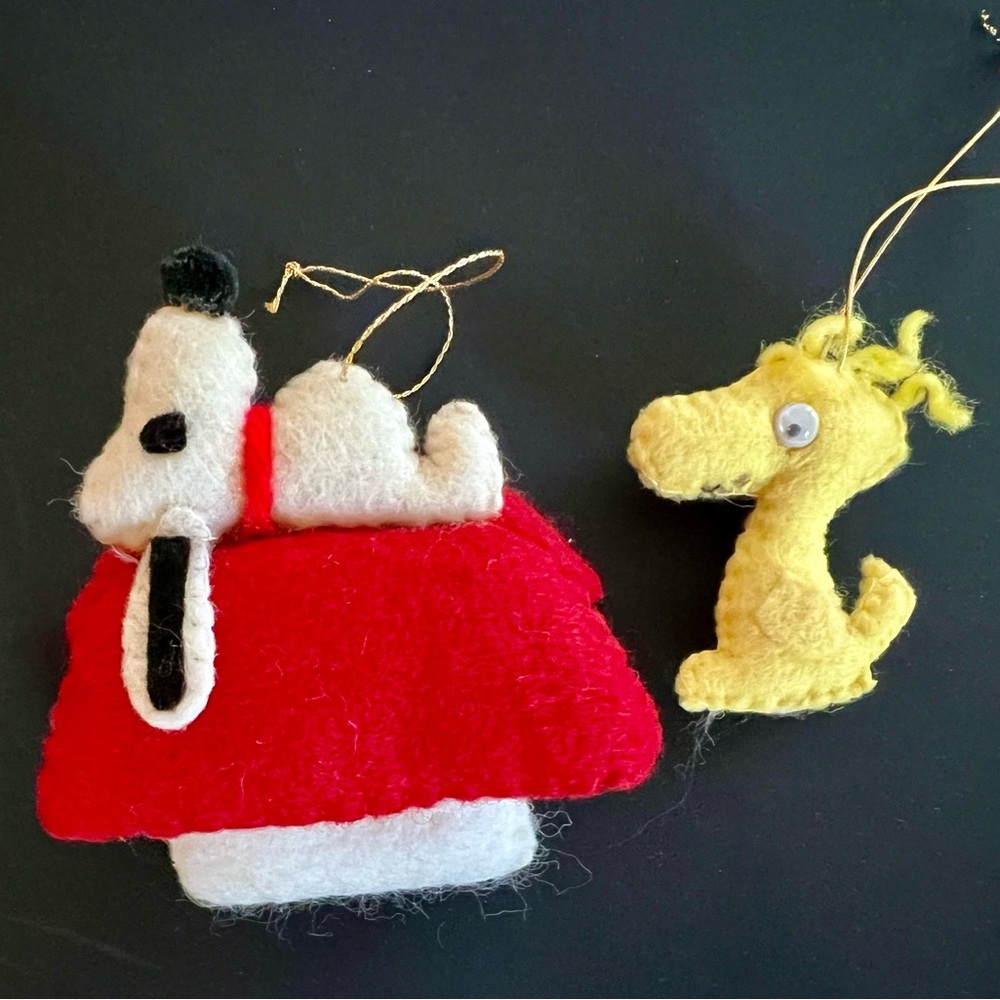 1950's Vintage Hand Made Snoopy with Doghouse and Woodstock Felt Ornament Pair